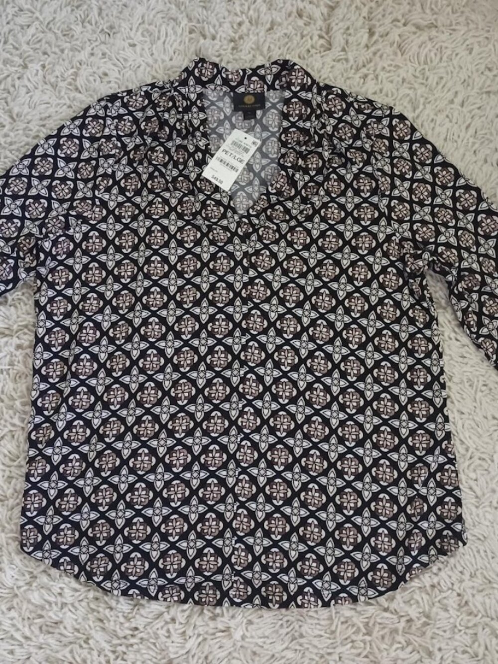 J.M. Collection Tunic Top Womens PL Petite Large Black Floral 3/4 Sleeve NWT